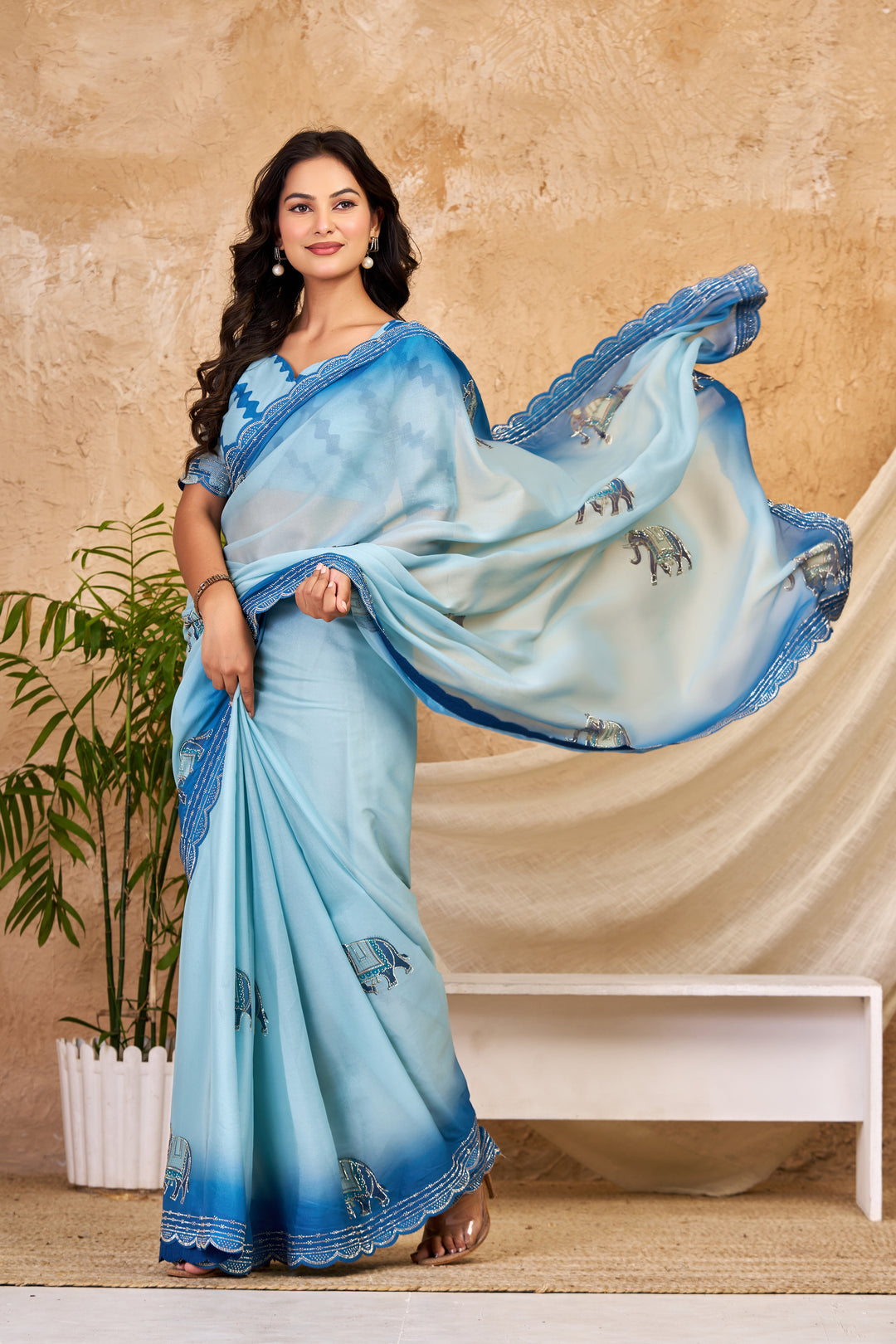 Sky Blue Ombre Chocolate Silk Saree with Elephant Motifs, Swarovski Work & Ari Cutwork Border