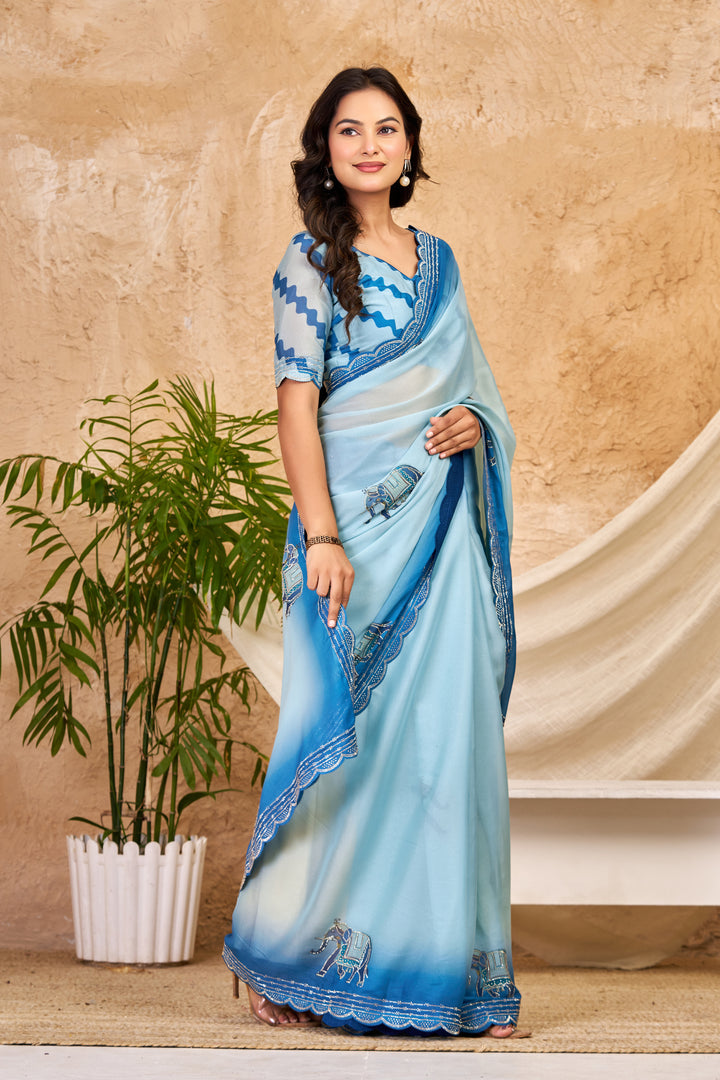 Sky Blue Ombre Chocolate Silk Saree with Elephant Motifs, Swarovski Work & Ari Cutwork Border