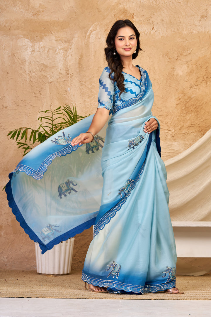 Sky Blue Ombre Chocolate Silk Saree with Elephant Motifs, Swarovski Work & Ari Cutwork Border