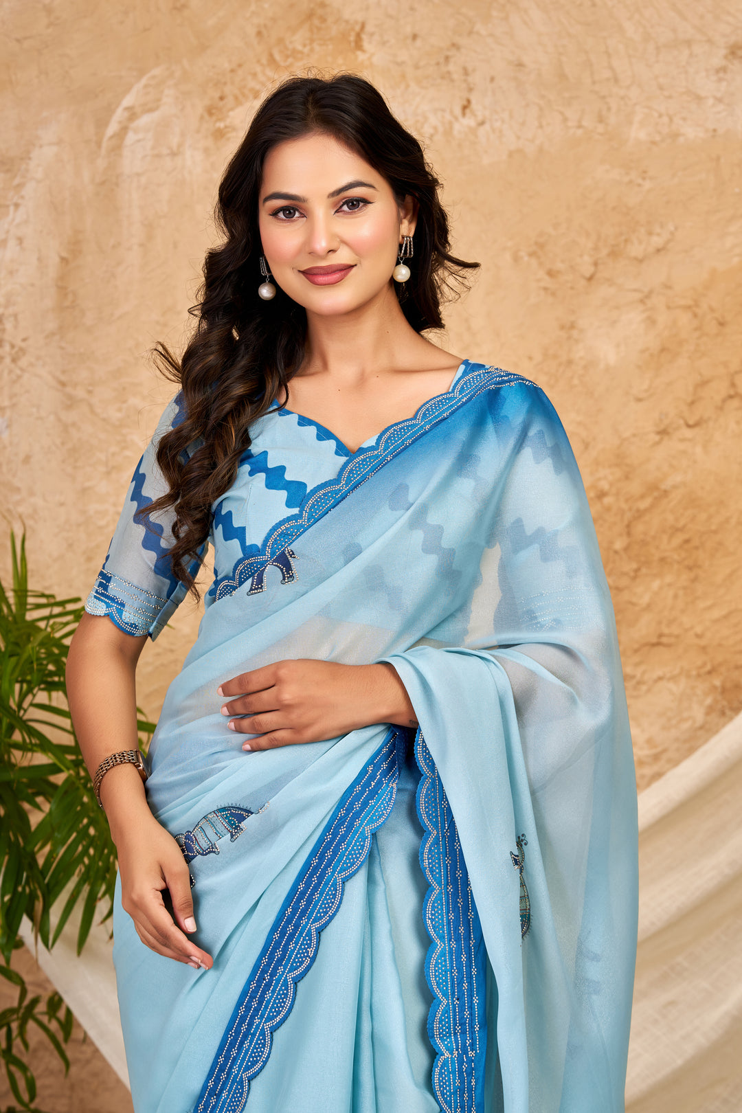 Sky Blue Ombre Chocolate Silk Saree with Elephant Motifs, Swarovski Work & Ari Cutwork Border