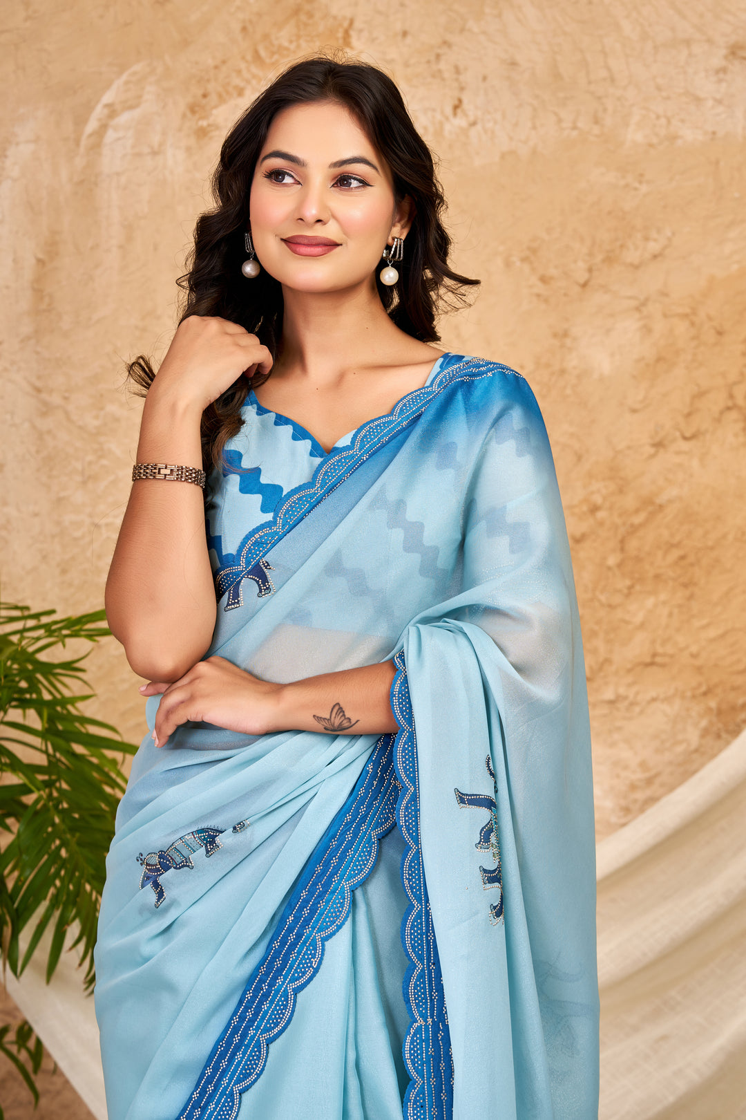 Sky Blue Ombre Chocolate Silk Saree with Elephant Motifs, Swarovski Work & Ari Cutwork Border