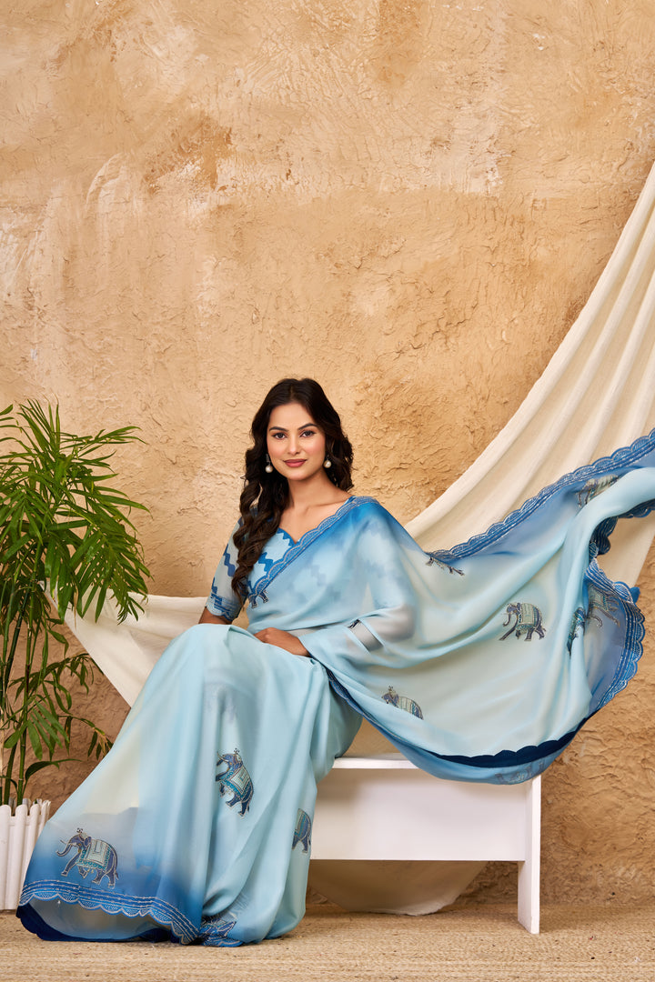 Sky Blue Ombre Chocolate Silk Saree with Elephant Motifs, Swarovski Work & Ari Cutwork Border