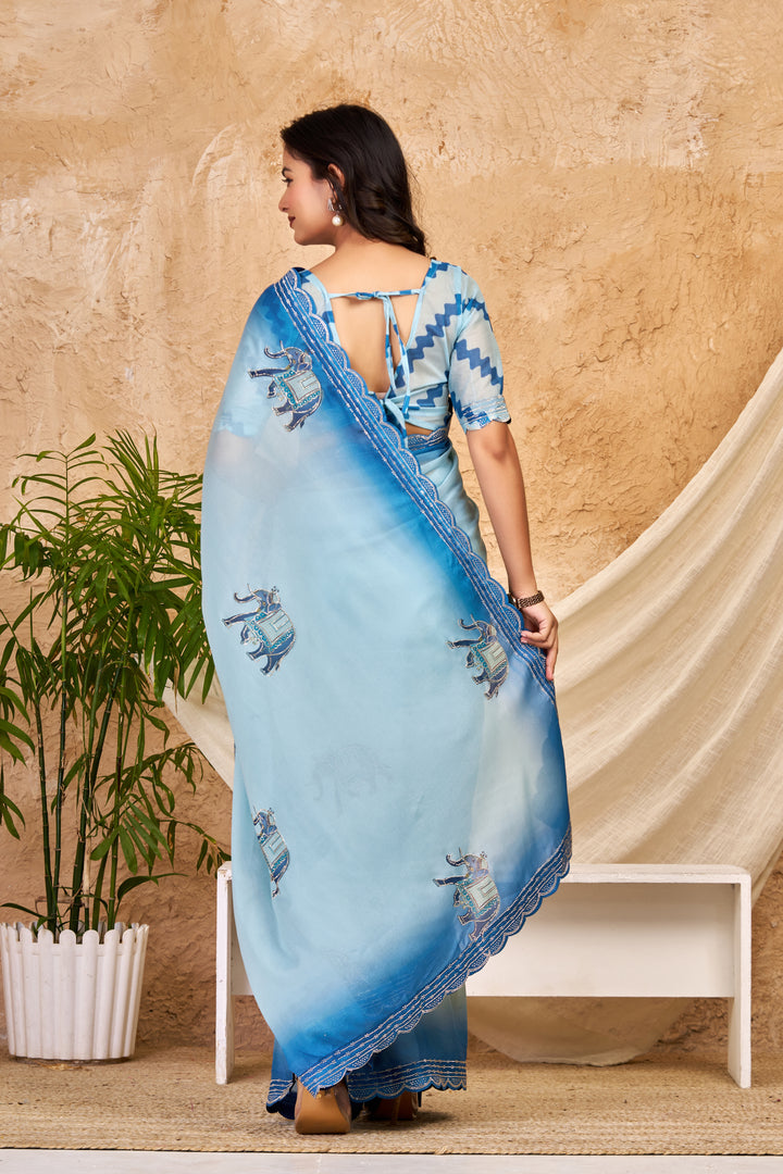 Sky Blue Ombre Chocolate Silk Saree with Elephant Motifs, Swarovski Work & Ari Cutwork Border