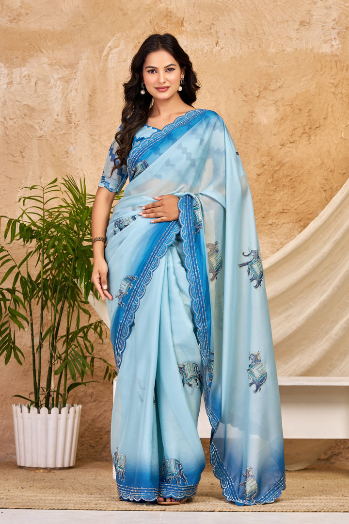 Sky Blue Ombre Chocolate Silk Saree with Elephant Motifs, Swarovski Work & Ari Cutwork Border