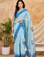 Sky Blue Ombre Chocolate Silk Saree with Elephant Motifs, Swarovski Work & Ari Cutwork Border