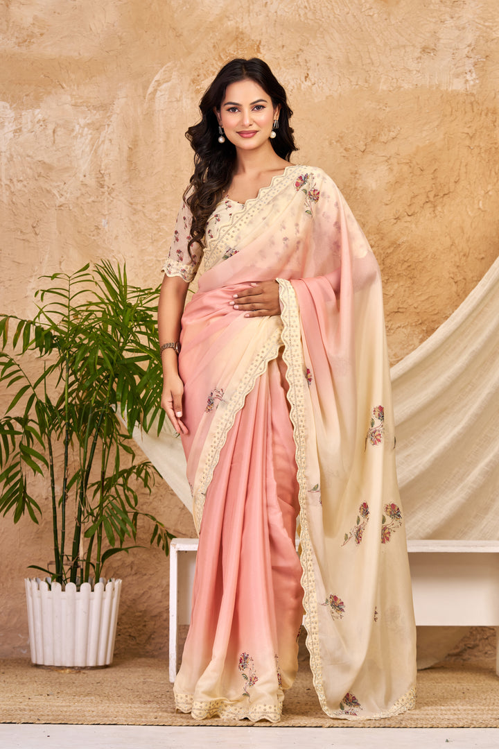 Peach & Ivory Ombre Chocolate Silk Saree with Swarovski Work & Ari Cutwork Border