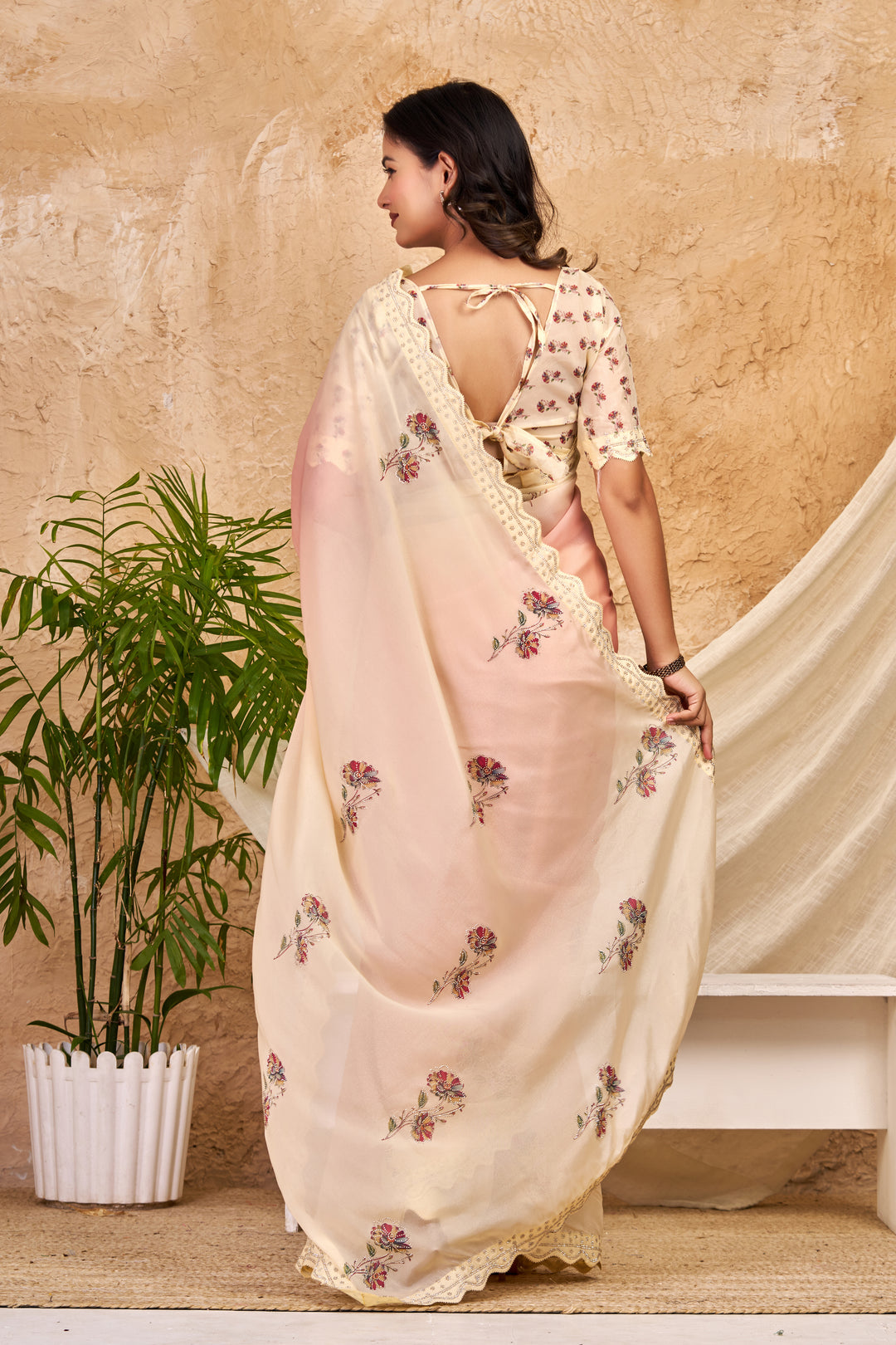 Peach & Ivory Ombre Chocolate Silk Saree with Swarovski Work & Ari Cutwork Border