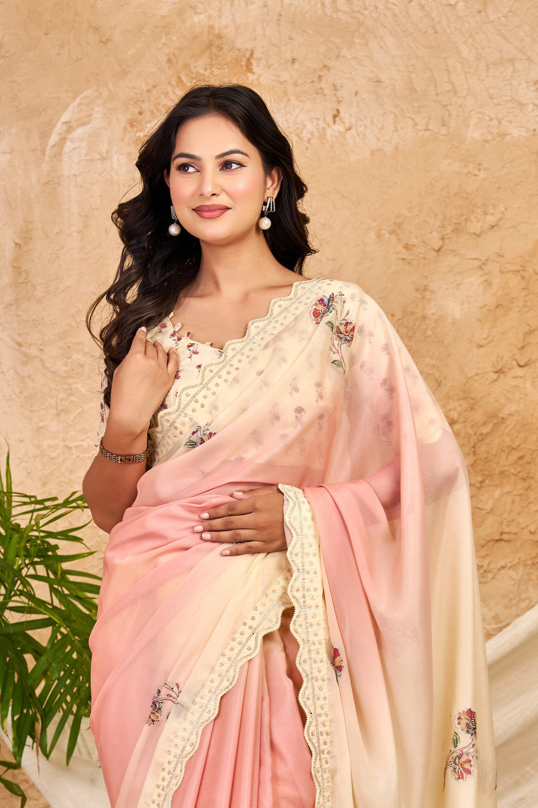 Peach & Ivory Ombre Chocolate Silk Saree with Swarovski Work & Ari Cutwork Border