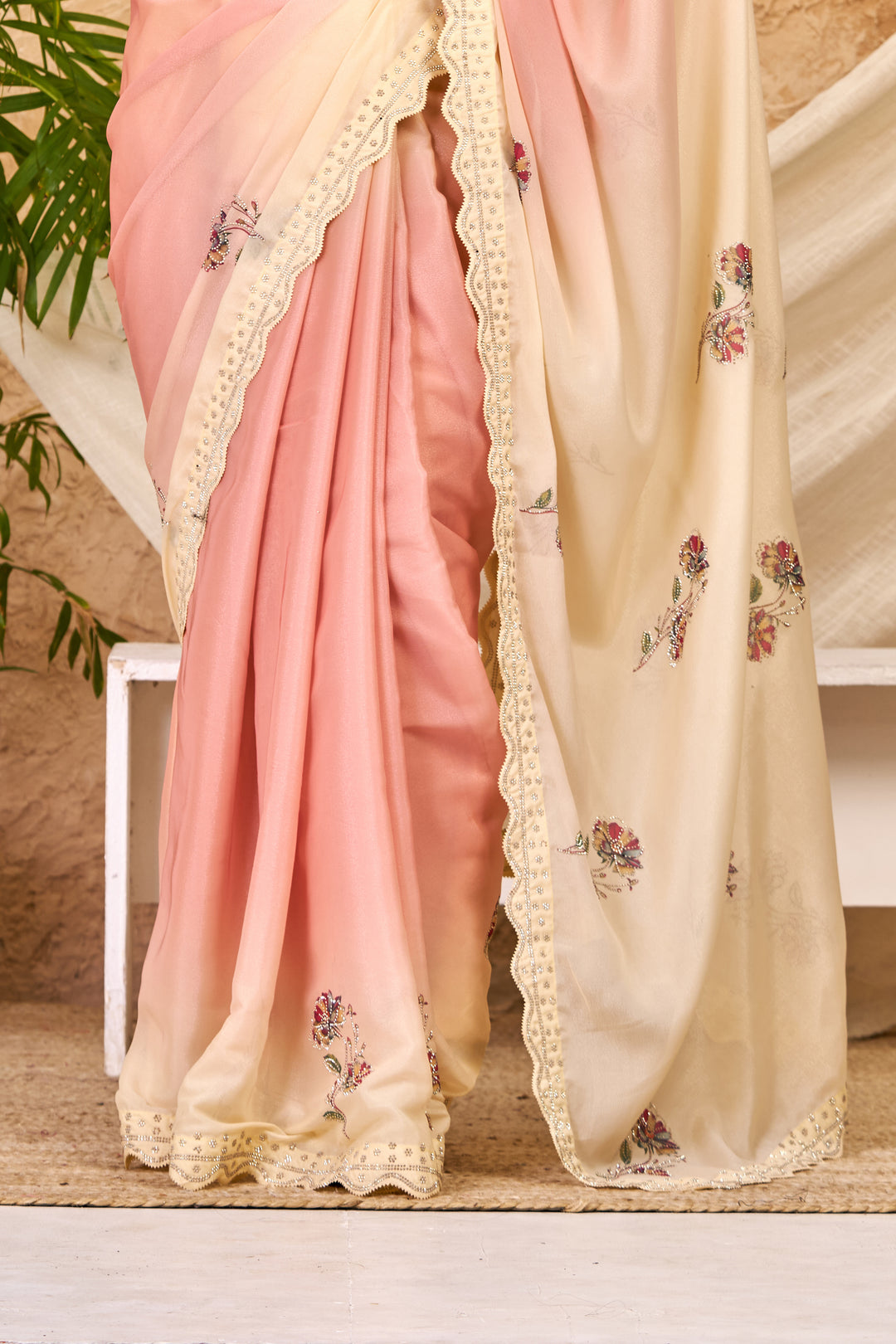 Peach & Ivory Ombre Chocolate Silk Saree with Swarovski Work & Ari Cutwork Border