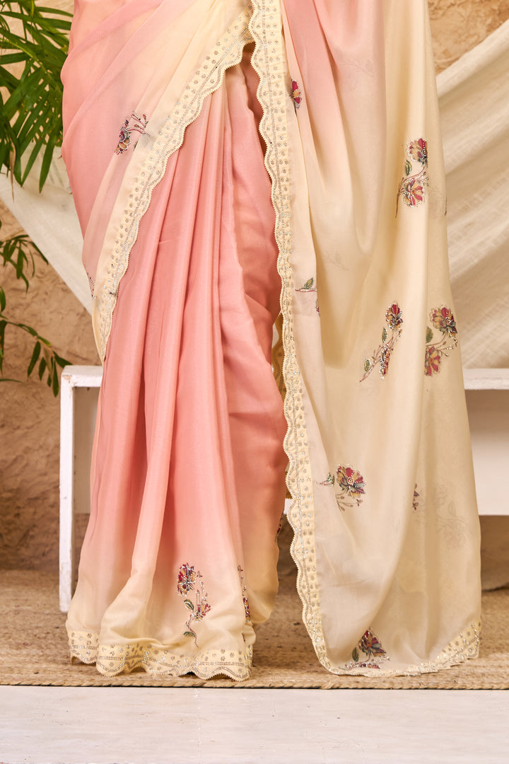 Peach & Ivory Ombre Chocolate Silk Saree with Swarovski Work & Ari Cutwork Border
