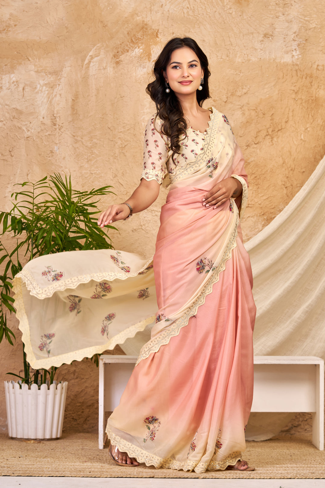Peach & Ivory Ombre Chocolate Silk Saree with Swarovski Work & Ari Cutwork Border