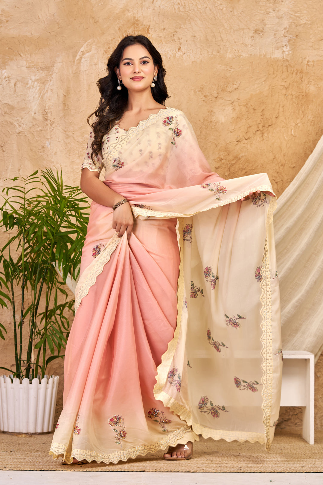 Peach & Ivory Ombre Chocolate Silk Saree with Swarovski Work & Ari Cutwork Border