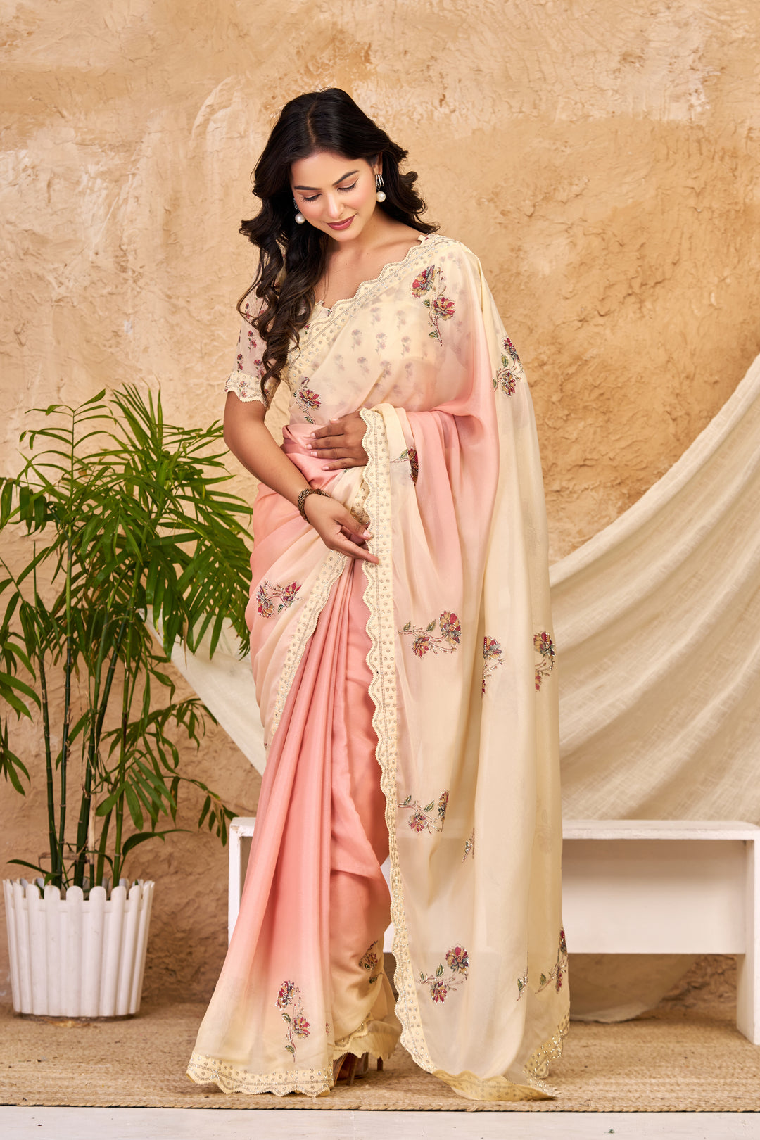 Peach & Ivory Ombre Chocolate Silk Saree with Swarovski Work & Ari Cutwork Border