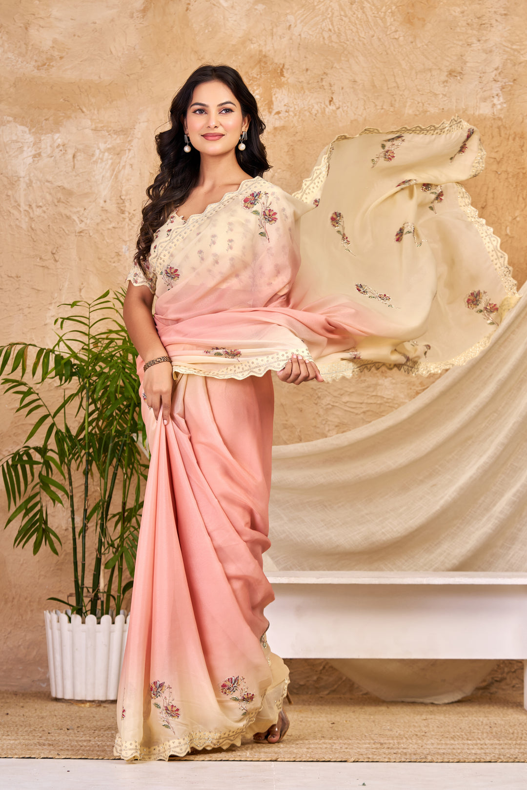 Peach & Ivory Ombre Chocolate Silk Saree with Swarovski Work & Ari Cutwork Border