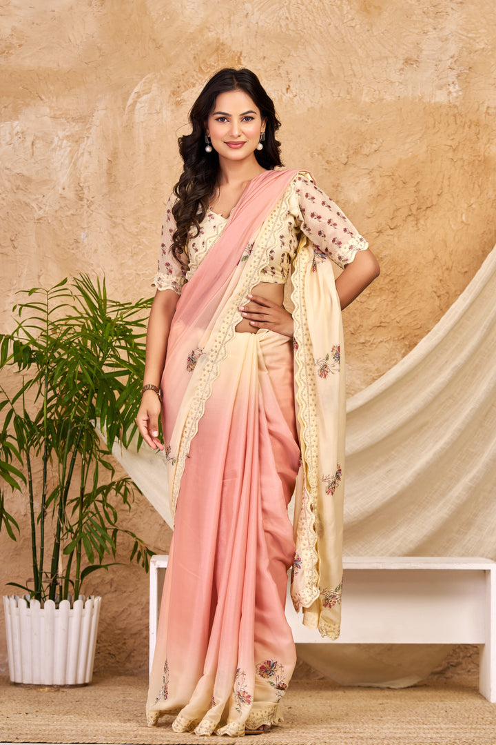 Peach & Ivory Ombre Chocolate Silk Saree with Swarovski Work & Ari Cutwork Border
