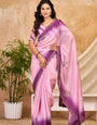Blush Pink Chocolate Silk Saree with Digital Print, Swarovski Work & Ari Cutwork Border
