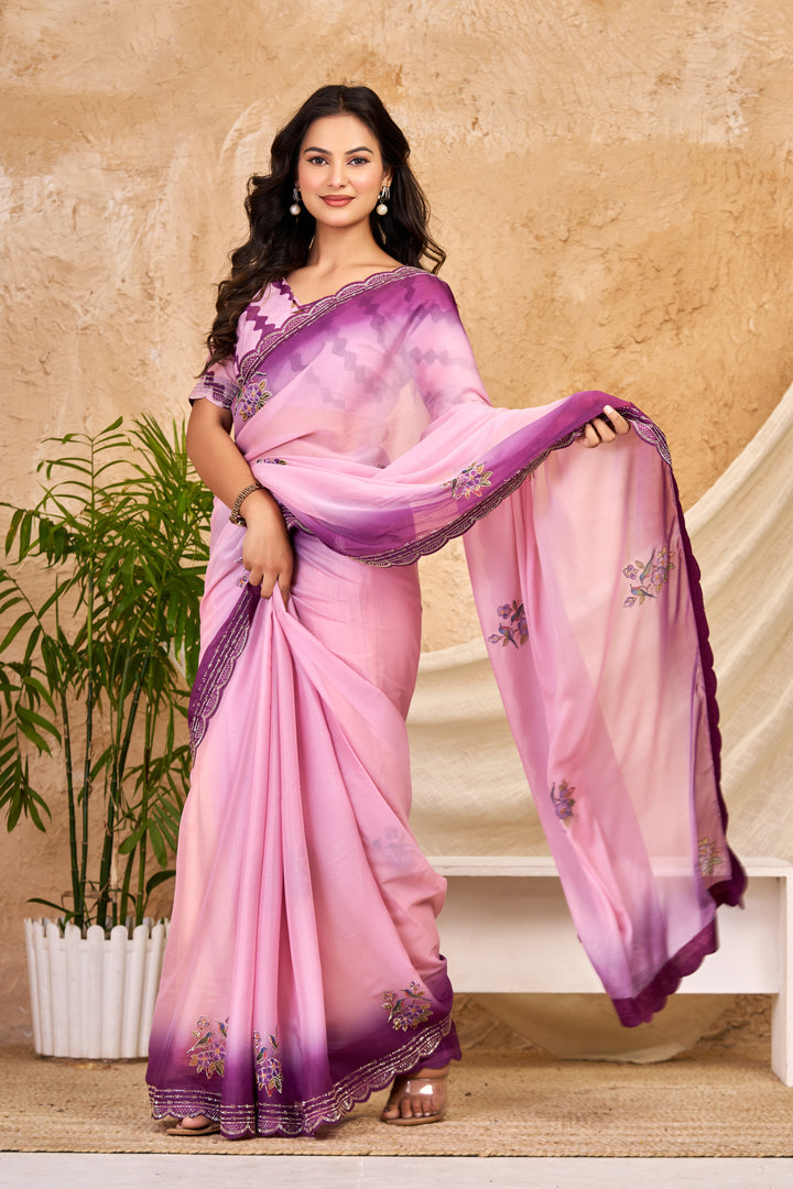 Blush Pink Chocolate Silk Saree with Digital Print, Swarovski Work & Ari Cutwork Border