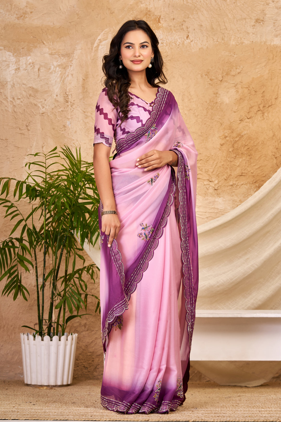 Blush Pink Chocolate Silk Saree with Digital Print, Swarovski Work & Ari Cutwork Border