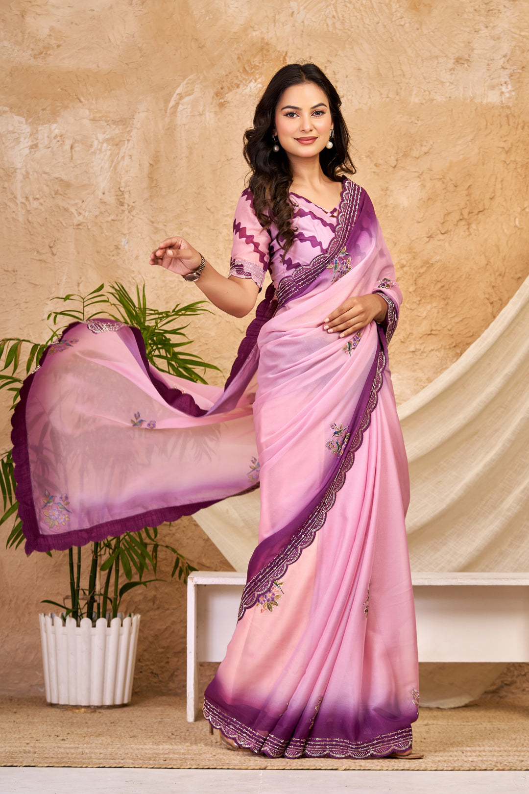 Blush Pink Chocolate Silk Saree with Digital Print, Swarovski Work & Ari Cutwork Border