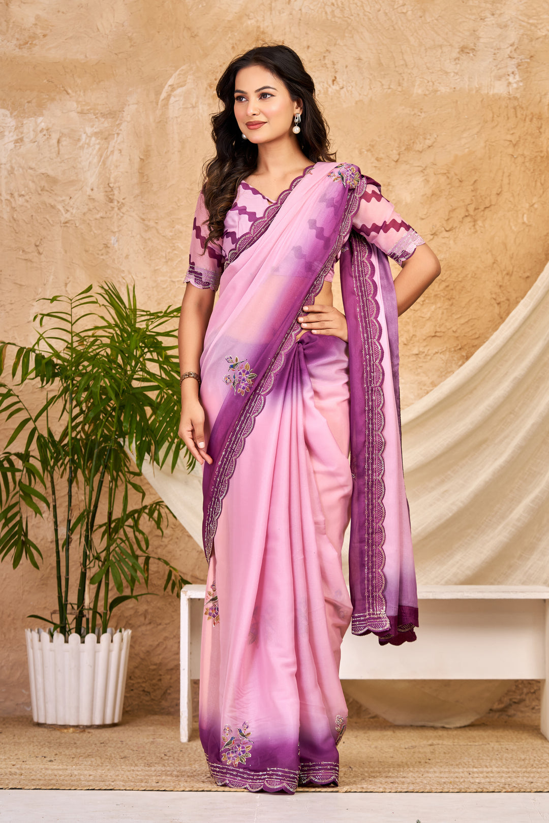 Blush Pink Chocolate Silk Saree with Digital Print, Swarovski Work & Ari Cutwork Border