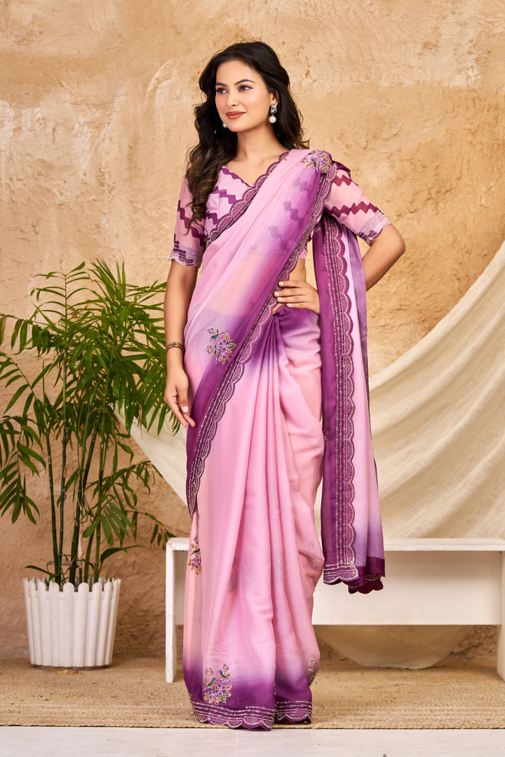 Blush Pink Chocolate Silk Saree with Digital Print, Swarovski Work & Ari Cutwork Border