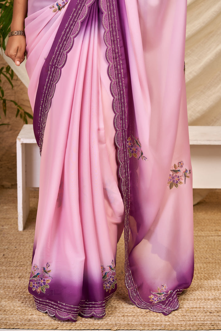 Blush Pink Chocolate Silk Saree with Digital Print, Swarovski Work & Ari Cutwork Border