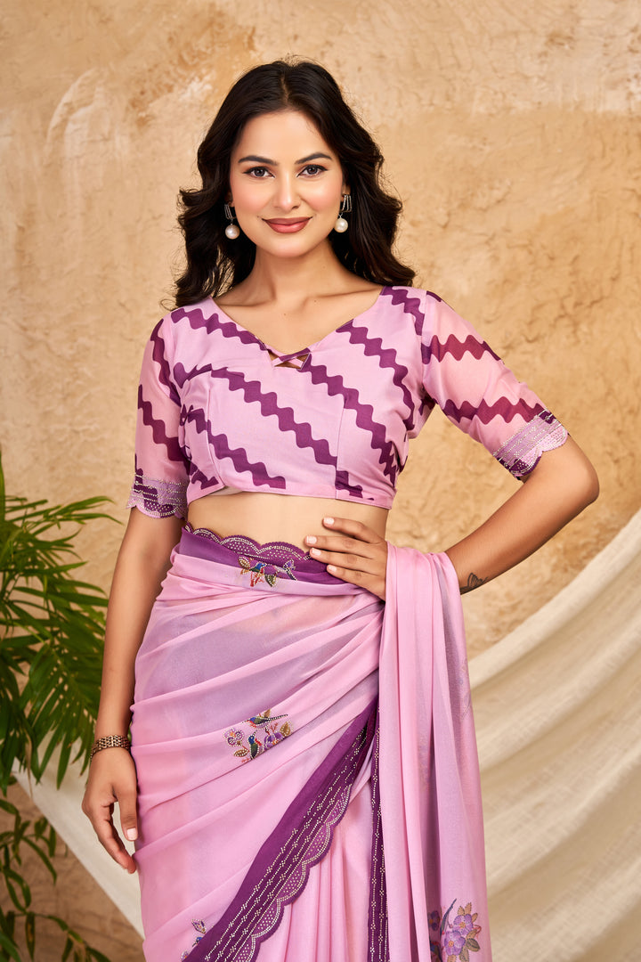 Blush Pink Chocolate Silk Saree with Digital Print, Swarovski Work & Ari Cutwork Border