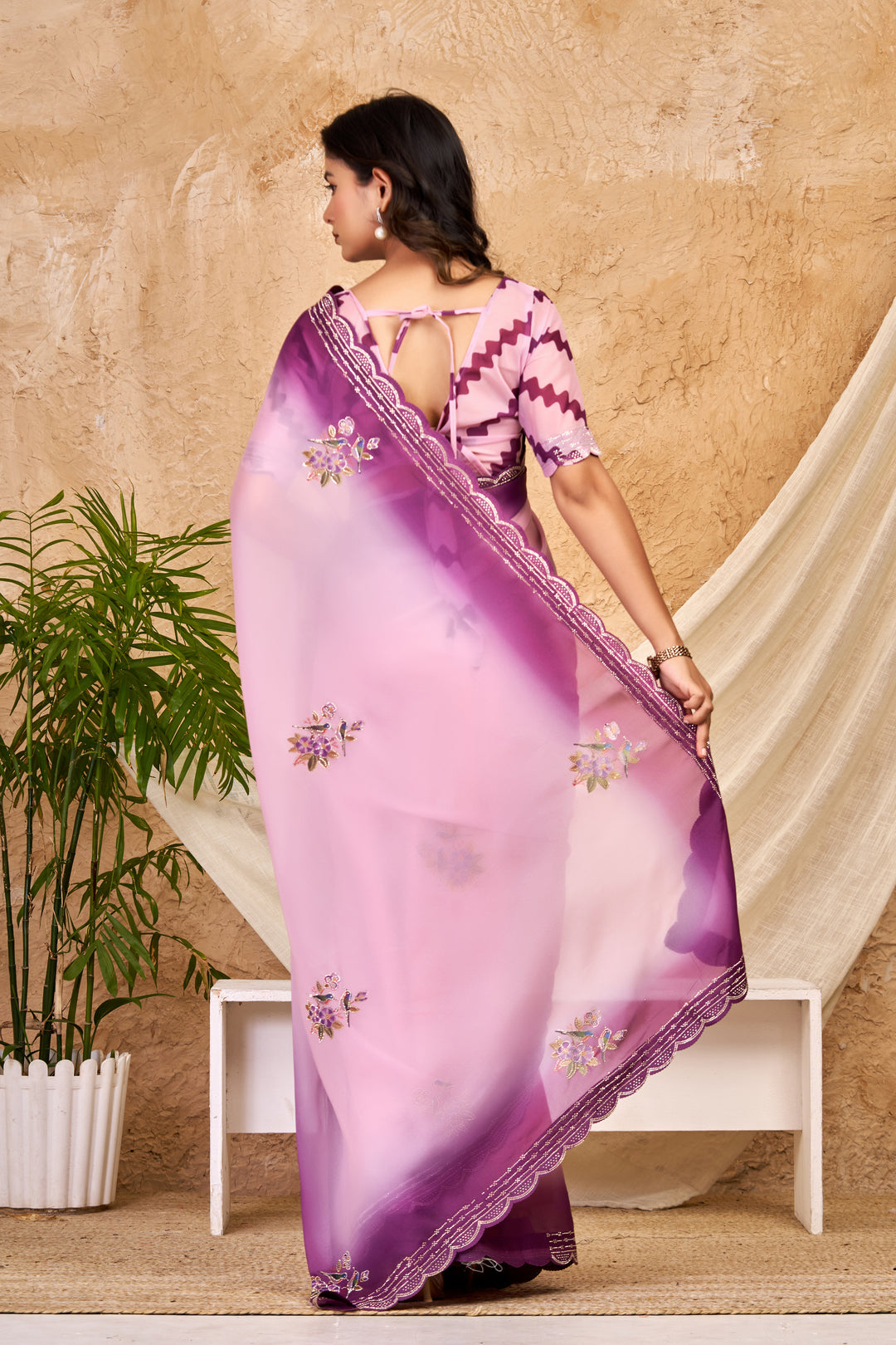 Blush Pink Chocolate Silk Saree with Digital Print, Swarovski Work & Ari Cutwork Border