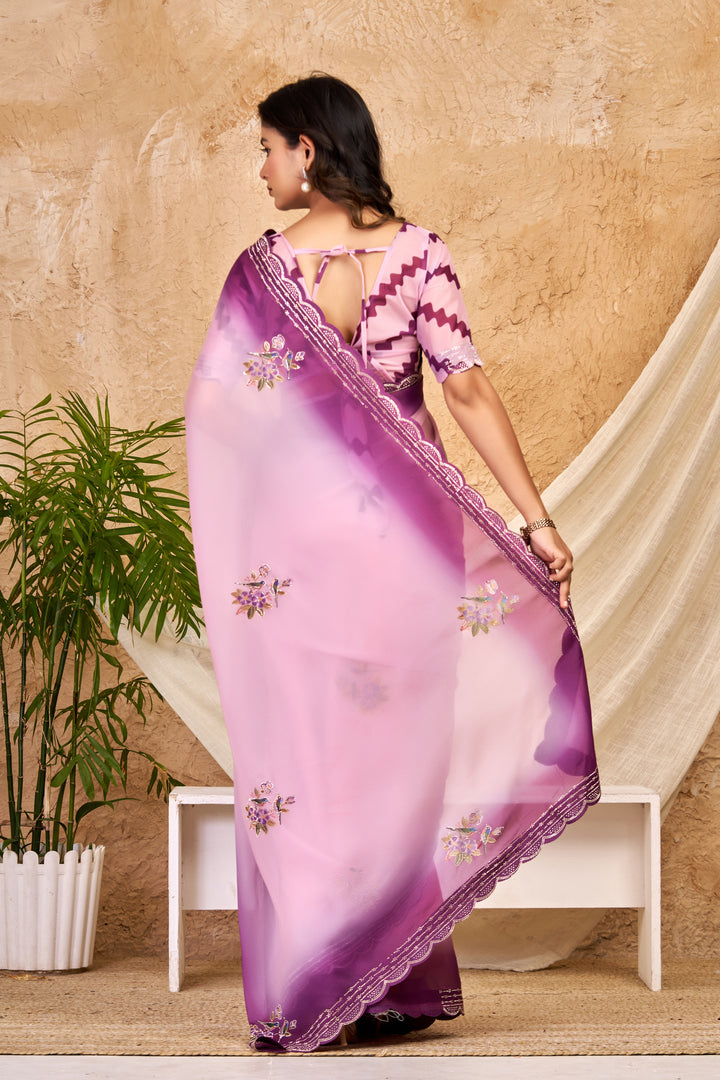 Blush Pink Chocolate Silk Saree with Digital Print, Swarovski Work & Ari Cutwork Border
