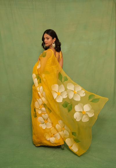 Sunshine Yellow Pure Organza Saree with Hand-Painted White Floral Motifs & Sequin Embellishments
