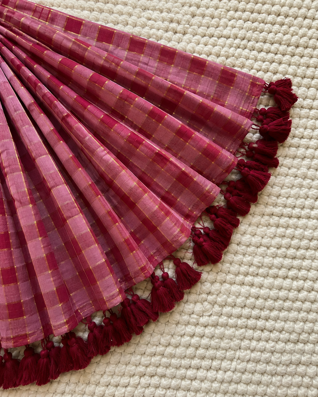 Rani Pink & Maroon Madras Checkered Mul Cotton Saree with Gold Zari Lines, Tassels & Blouse Piece