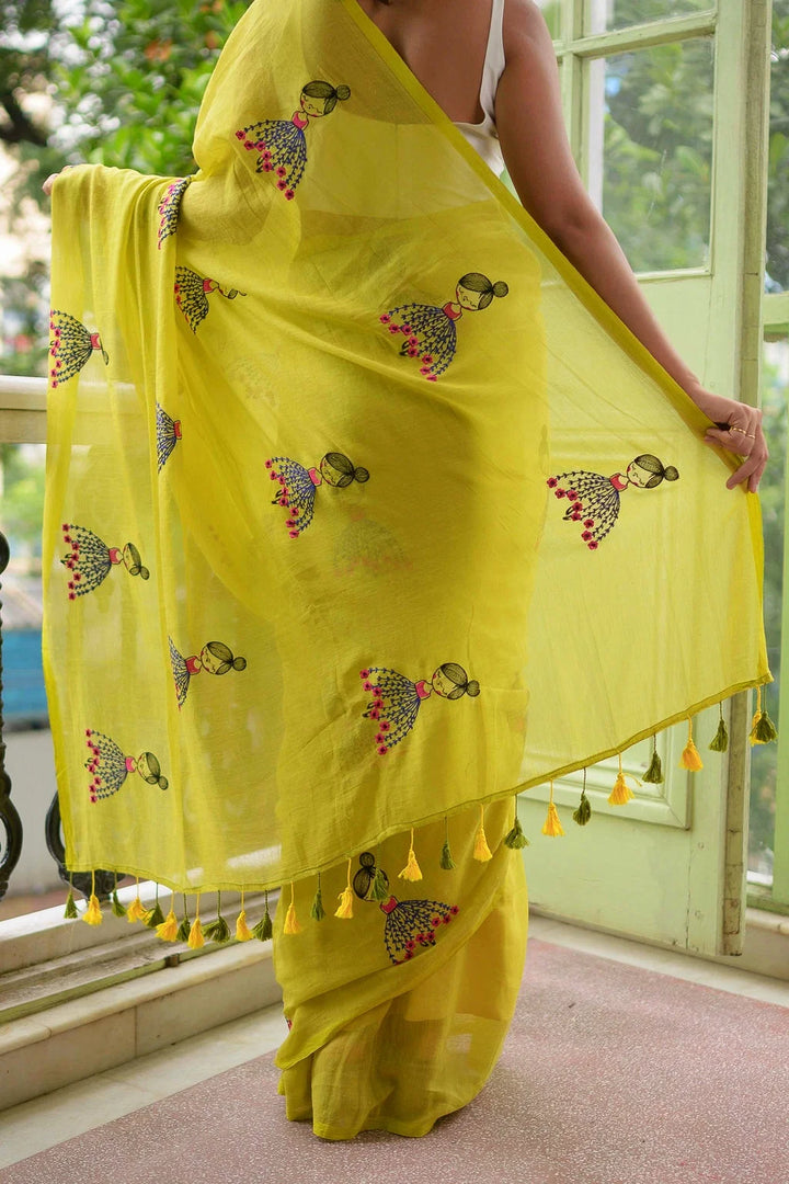 Lime Green Mul Cotton Saree with Embroidered Doll Motifs & Floral Detailing