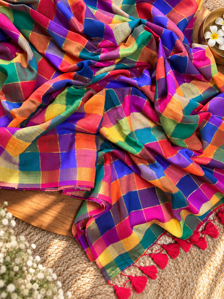 Vibrant Multicolour Madras Checkered Mul Cotton Saree with Tassels & Attached Blouse Piece