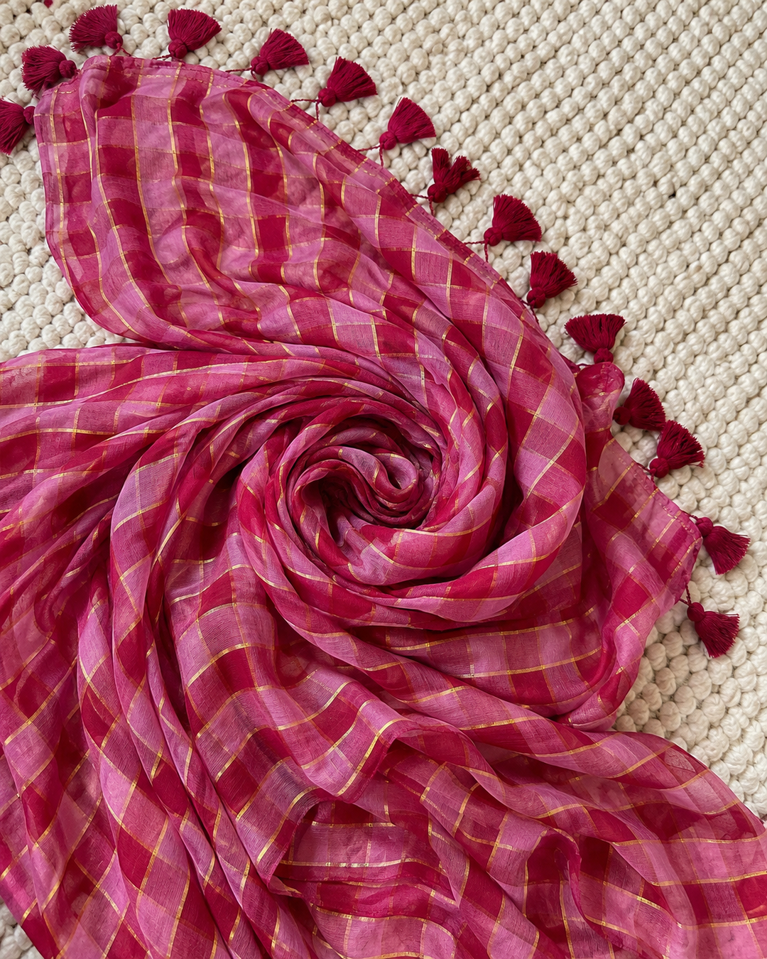 Rani Pink & Maroon Madras Checkered Mul Cotton Saree with Gold Zari Lines, Tassels & Blouse Piece