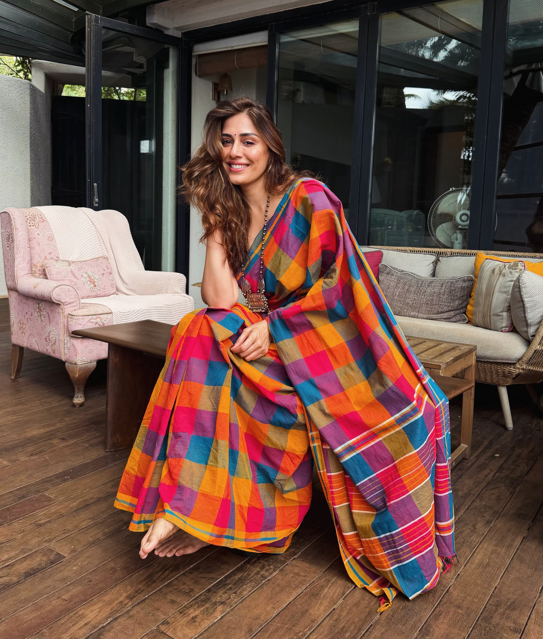 Vibrant Multicolour Madras Checkered Mul Cotton Saree with Tassels & Attached Blouse Piece