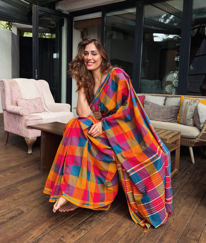 Vibrant Multicolour Madras Checkered Mul Cotton Saree with Tassels & Attached Blouse Piece