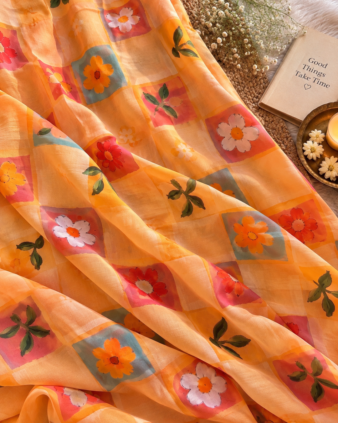 Peach Orange Chinnon Saree with Multicolour Floral Check Print & Attached Blouse Piece