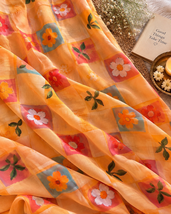 Peach Orange Chinnon Saree with Multicolour Floral Check Print & Attached Blouse Piece