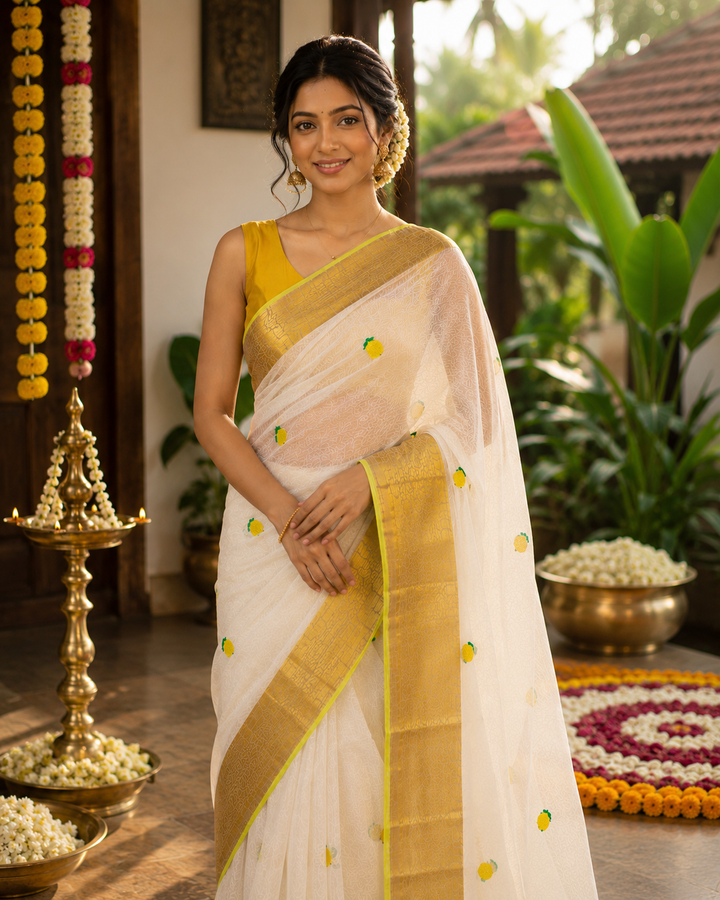 Onam Special White Mul Cotton Saree with Golden Zari Border & Tassels | Traditional Kerala Kasavu Style Saree with Running Blouse
