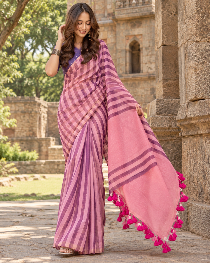 Handloom Erode Shimmer Pink & Purple Striped Saree with Contrast Pallu & Tassels