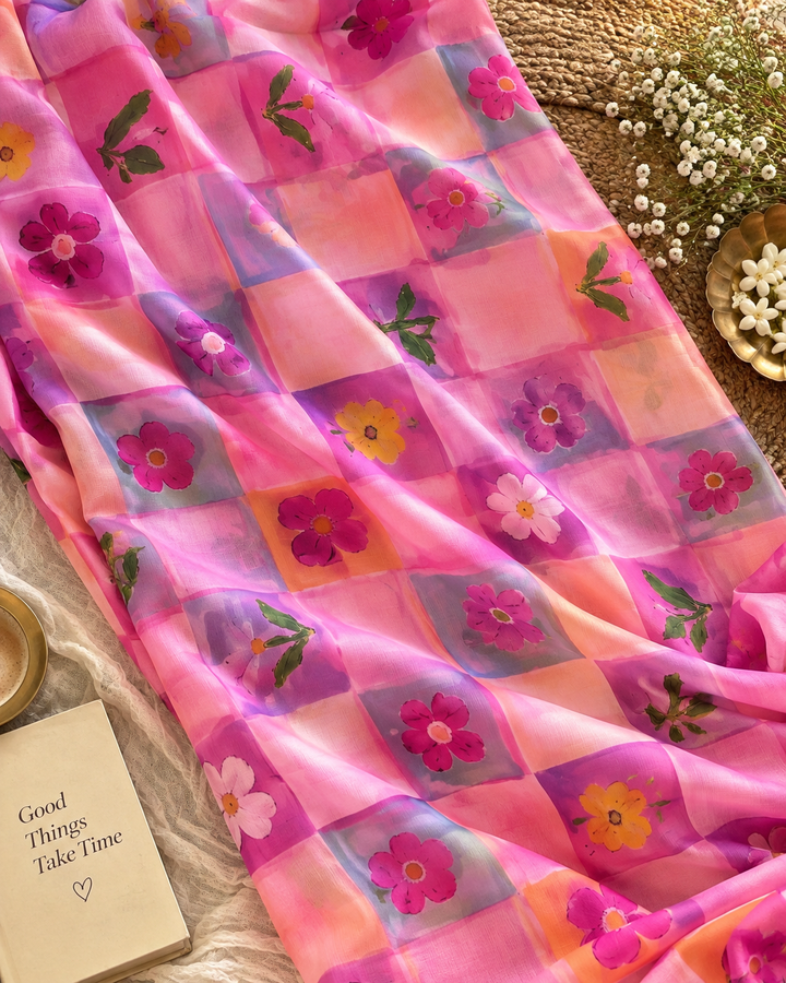 Blush Pink Chinnon Saree with Multicolour Floral Check Print & Attached Blouse Piece