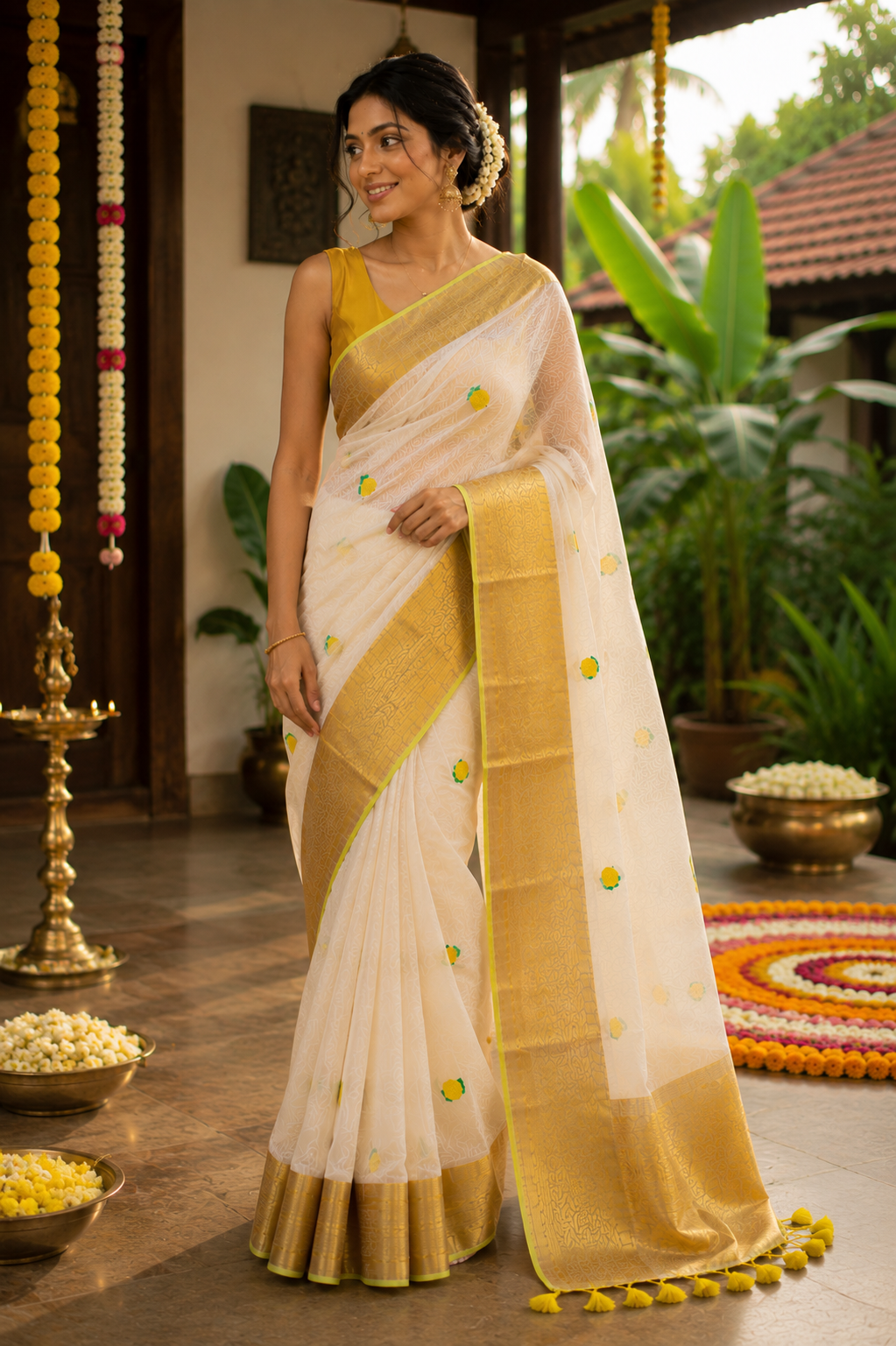 Onam Special White Mul Cotton Saree with Golden Zari Border & Tassels | Traditional Kerala Kasavu Style Saree with Running Blouse