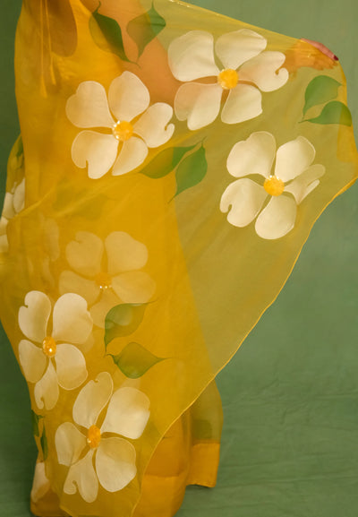 Sunshine Yellow Pure Organza Saree with Hand-Painted White Floral Motifs & Sequin Embellishments