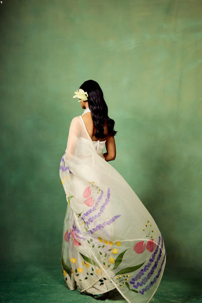 Ivory Pure Organza Hand-Painted Saree with Multicolor Floral Motifs & Sequin Accents | Modal Satin Blouse