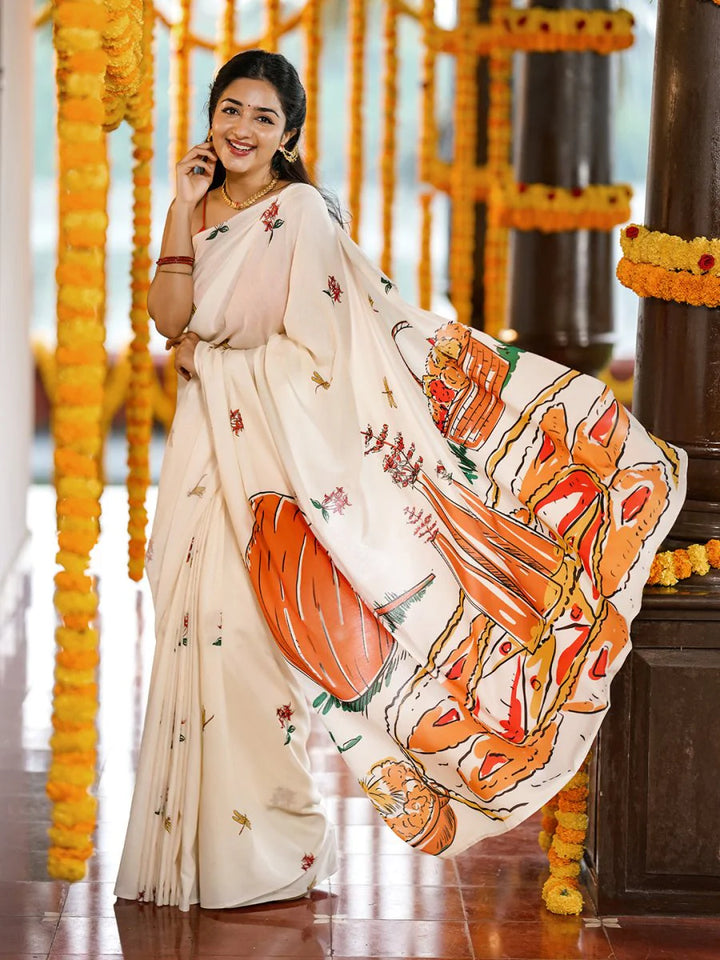 Onam Special Off White Mul Cotton Saree with Kerala Festive Illustration Print & Running Blouse