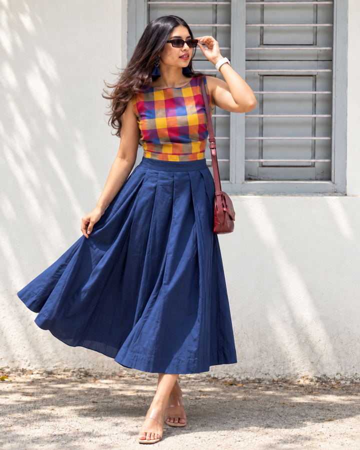 Madras Cotton Crop Top & Flared Skirt Set for Women – Multicolour Checks & Navy Blue