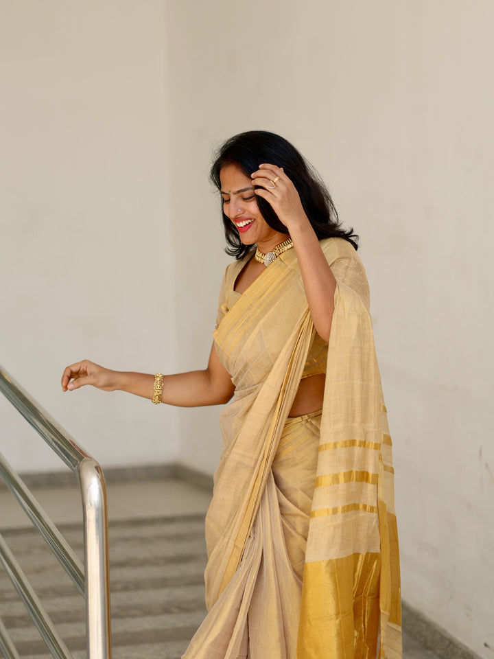 Royal Gold Kasavu Saree with Shimmer Zari Weave, Statement Pallu & Tassels on Edges, Comes With Attached Blouse Piece