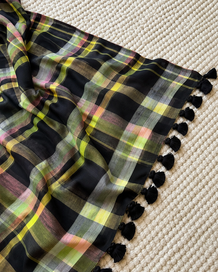 Black Multicolour Madras Checkered Mul Cotton Saree with Tassels & Attached Blouse Piece