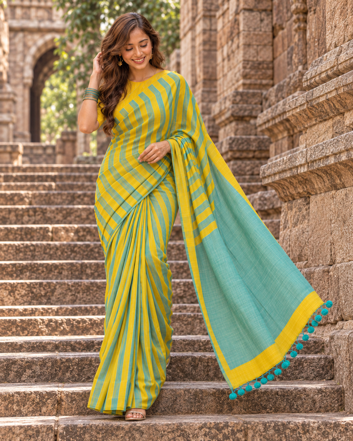 Handloom Erode Shimmer Saree with Dual-Tone Stripes, Contrast Pallu & Tassels