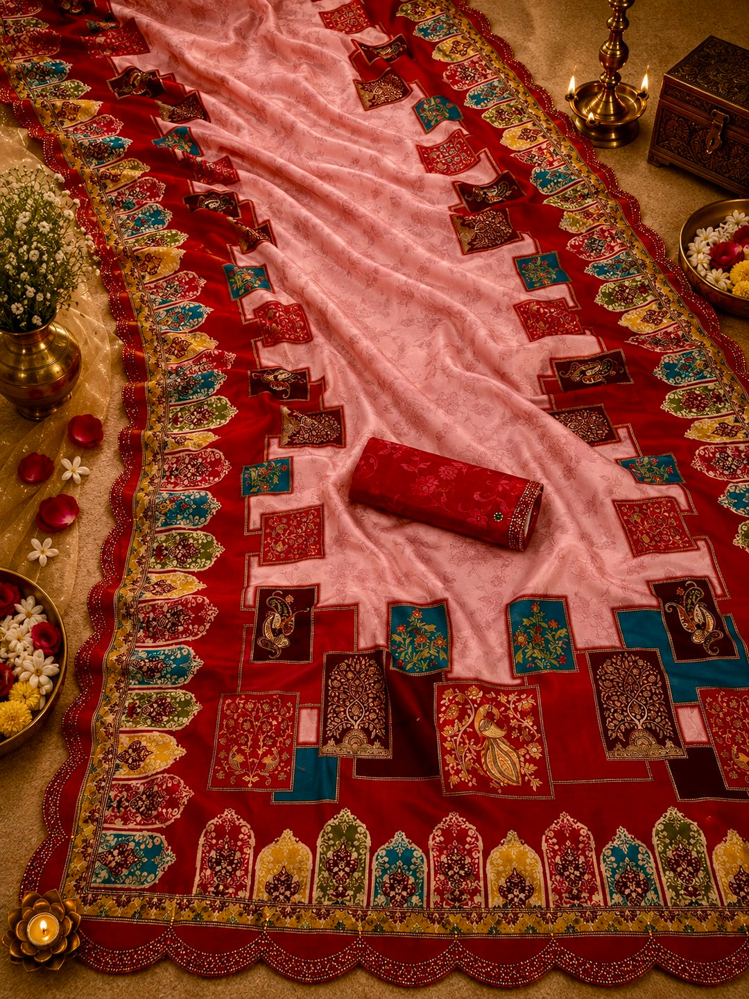Blush Pink & Royal Red Modal Silk Heritage Patchwork Printed Saree with Swarovski Scalloped Border & Blouse Piece
